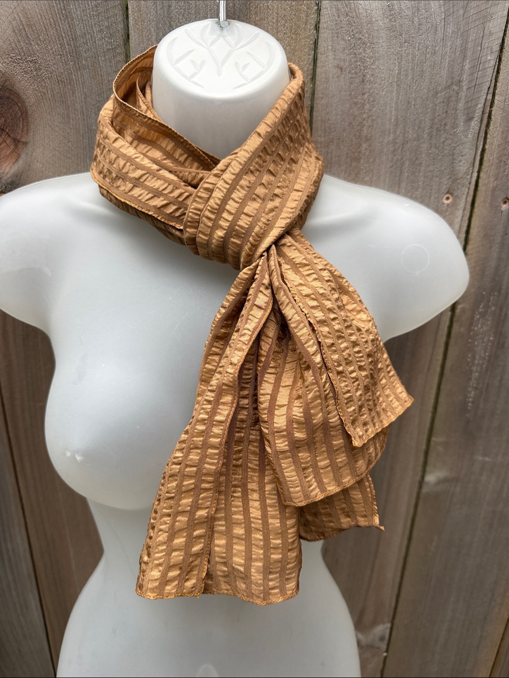 VTG Geoffrey Beene Camel Silk Wool Crinkle Striped Scarf Made In France 1980’s